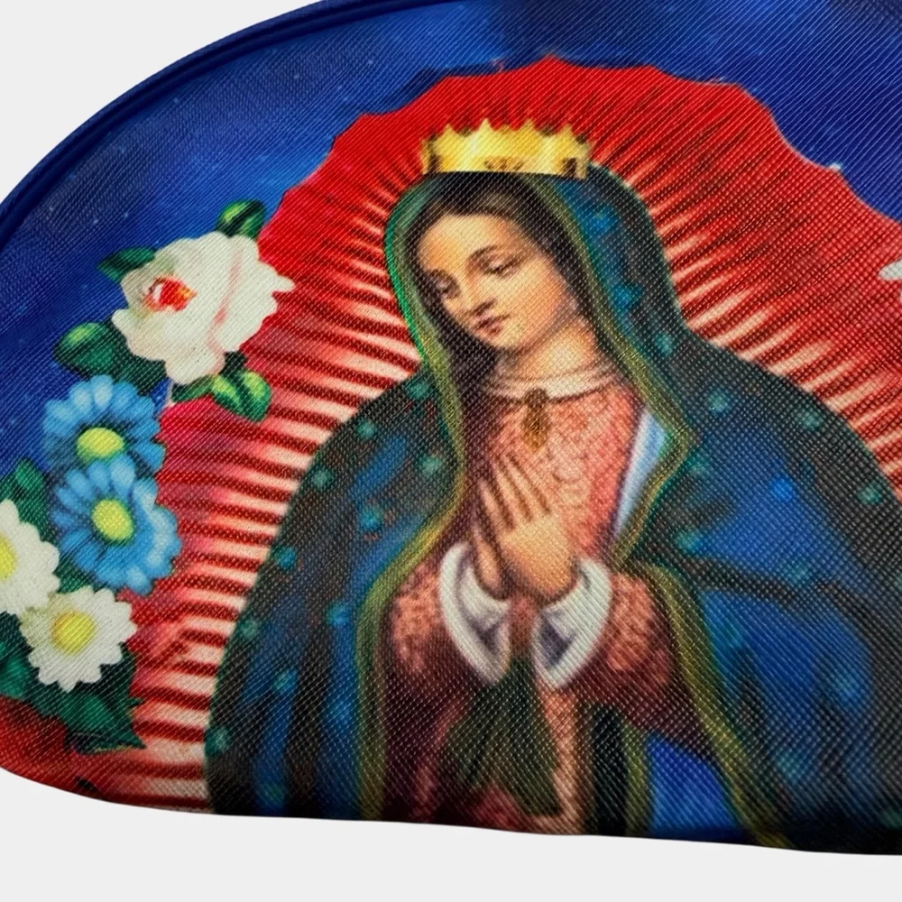 Virgin Mary Guadalupe Cosmetic Bag Makeup Pouch Blue Zipper Travel Case
